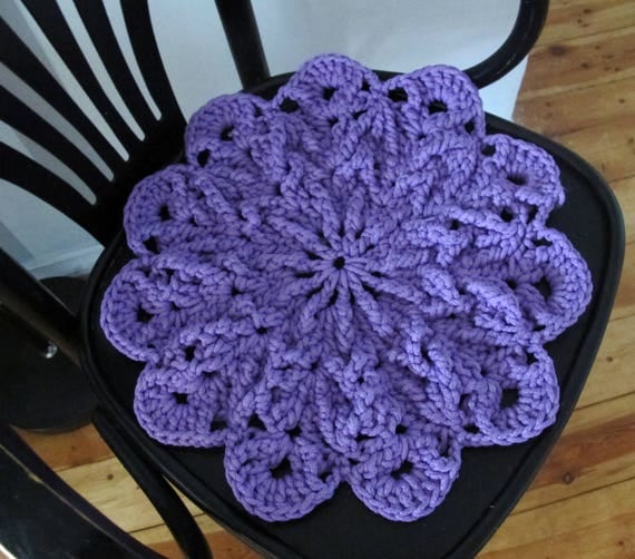 Items similar to Purple Flower Crochet Seat Pad, Round Chair Cushion