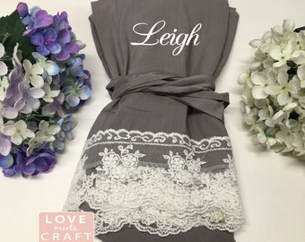 Grey Bride Cotton Lace Robes, Personalized Robes Wedding Party Bridal Party Bridesmaid Gift Lace Robes Monogram Bridal Shower Gifts