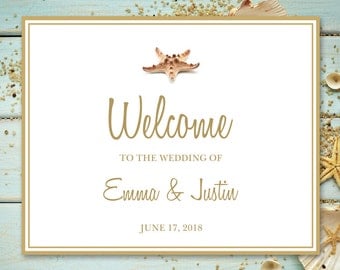 Wedding Instagram Sign Template "Seashell Songs", Gold. DIY Printable Welcome Sign, Photo Guestbook, Reception, Progrmas. Instant Download.