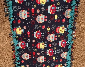 Space Robots Handmade Fleece Tie Blanket. 50" x 32"