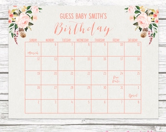 Boho Due Date Calendar, Guess Baby's Due Date, Baby Shower Game, Guess Baby's Birthday, Birthday Predictor, Peach Floral Printable