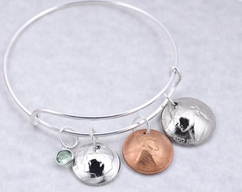 60th Birthday Gift - 1957 Silver Dime Nickel Penny Coin Birthstone Bangle Bracelet - Birthday Gift for Mother - Birthday Gift for Grandma