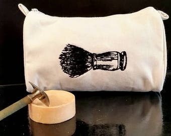 Embroidered Vintage Graphic Shaving Brush Men's Cotton Canvas Grooming Bag