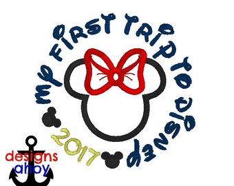 My First Trip to Disney, first Disney vacation, minnie Mrs. mouse head circle 2017 shirt applique 4x4 7x7 ONLY machine embroidery design