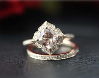 unique wedding ring set 14k rose gold morganite ring set vintage floral 7mm cushion cut morganite - Unique Wedding Ring Set unique wedding ring set 14k rose gold morganite ring set vintage floral 7mm cushion cut morganite - Unique Wedding Ring Set
