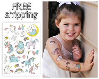 Temporary tattoos "Unicorns". Big kids body stickers set with magic unicorns, rainbow, stars, wings. Playdate and party bag supply. TA048