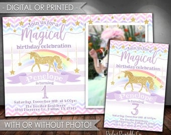Unicorn Birthday Invitation, Unicorn Invitation, Unicorn Invite, Unicorn Party Invitation, Horse, Pony, Purple, Gold Glitter, Rainbow, #486