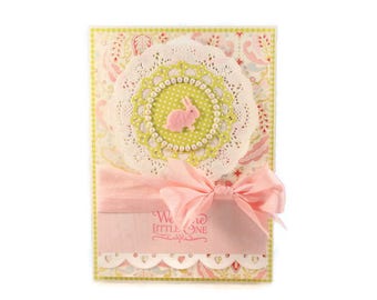 New Baby Girl Card, Bunny, Cottage Chic, Welcome Little One, Baby Girl Card, Baby Gift, Baby Shower Card, Handmade Baby, Luxury Baby Card