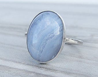 Gemstone Ring Blue Lace Agate - Sterling Silver Rings for Women - Silver Statement Ring Boho Ring - Hammered Silver Ring for Her