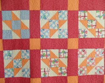 Upcycle Quilt, Vintage Throw Quilt, Traditional Patchwork Quilt, Handmade Twin Size Quilt, Jacob's Ladder quilt