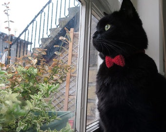 Cat collar with bow, red cat collar, breakaway buckle safety collar, soft cat collar, cotton collar, kitty collar, handmade with love