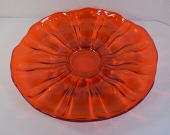 Vintage Viking Glass Epic Orange Amberina Persimmon Large 14 Inches Serving Platter Bowl Wave Ruffle Scallop Mid Century Modern Eames Era