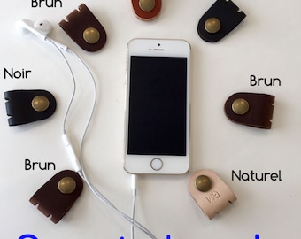 Earphone Organizer, Leather Earbud Holder, Handmade Earphone Clip, Cable Wrap, Earplugs Organizer