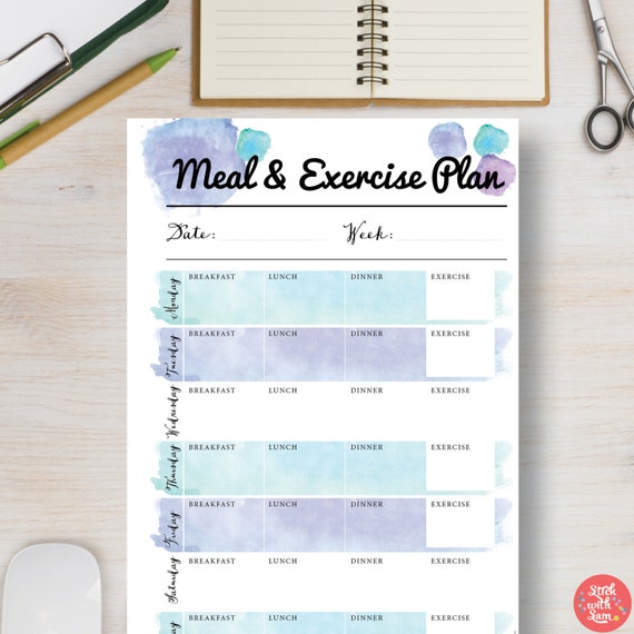 Meal and Exercise Plan Planner Printable. Breakfast Lunch