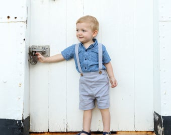 Boys Pants with Suspenders, Shorts with braces, linen baby pants, grey linen pants, page boy attire, formal baby, toddler overall