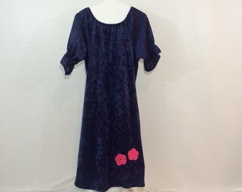 Birthday Dress, Navy Dress, Navy Flower Girl, Dress, Girls Dress, Girls Size 10, Girls Size Large, Pink Flowers, Crocheted Flowers,