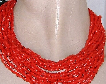 1950S RED GLASS necklace MULTI Strand glass bead chips