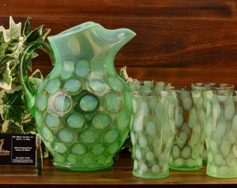 Fenton Glass Pitcher, 1929 Late Coinspot Opalescent Green Ice Tea Pitcher and Tumblers