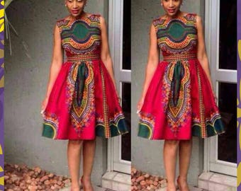 Red and green Dashiki Midi Dress, Sleeveless Dashiki Dress, African Ankara Dress, African Clothing