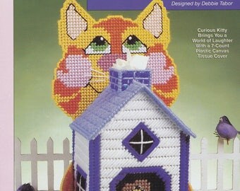 Curious Kitty, Cat Tissue Box Cover Plastic Canvas Pattern Leaflet The Needlecraft Shop 983006