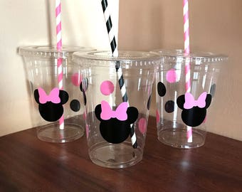 Pink and black minnie party cups, minnie mouse party cups, party cups, birthday cups, disposable party cups, 16oz party cups, minnie party