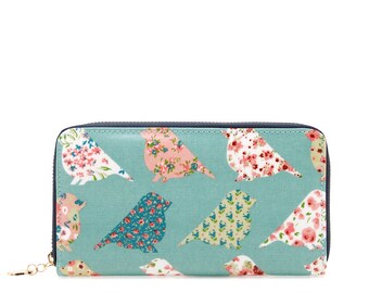 Oilcloth Zip around Wallet - Green Bird - Oil cloth ladies purse- Ladies Zip wallet - Coin purse- Laminated cotton- Iphone Plus