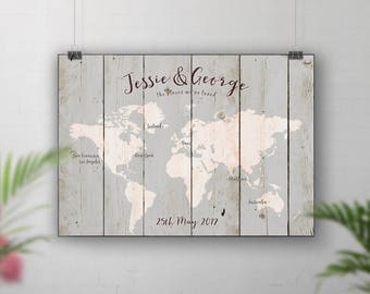 Grey Upcycled Wood Style Travel Map, Personalised World Map, Places We've Been Map, Custom Map, Where We Met, Our Journey, Map your travels