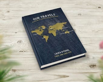 Bucket List Journal, Travel Notebook, Personalised Book, Travelers Gift, Places We've Been, Denim Gold World Map, Our Adventures and Travels