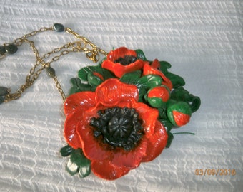 Sold-red poppy with buds and chain with agate