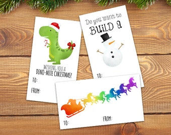 Digital Printable Gift Tags - Set of 3 Designs - Merry Christmas Fun Kids Labels Dinosaur Puns Dino Pun Snowman Rainbow Unicorn Santa Sleigh