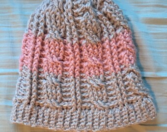 Pink and Gray Cabled Beanie