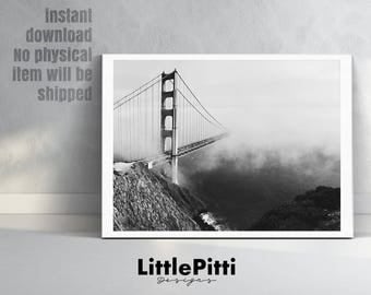 San Francisco print, golden gate bridge, golden gate, san francisco photo, wall art print, bridge print, digital print, black and white