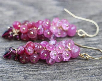 Pink Tourmaline Earrings, Garnet Earrings, Pink Sapphire Earrings, Pink Topaz Earrings Ruby Cluster Earrings, Gemstone Earring Pink Earring