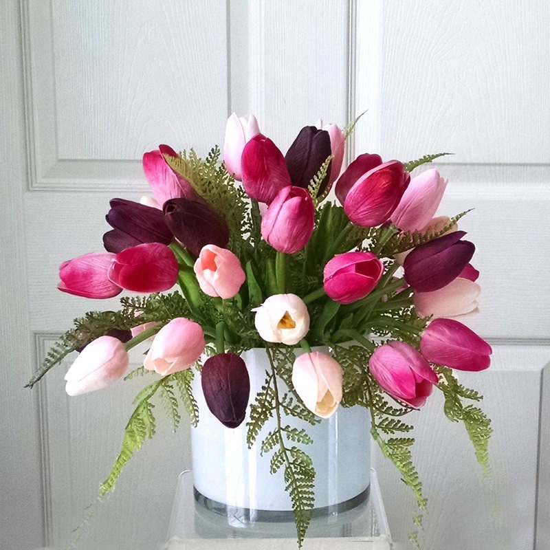 Real Touch Flowers Centerpiece-Faux Floral Arrangement- Arrangement-Silk faux arrangement -Fake flowers-Pink tulips-Real Touch Tulips