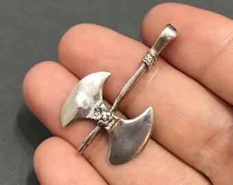 Vintage sterling silver handmade pendant, solid 925 silver axe, stamped 925