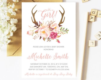 Baby Shower Invitation Girl, Fall Baby Shower Invitation, Floral Baby Shower Invitation, Autumn, Flowers, Antlers, Rustic