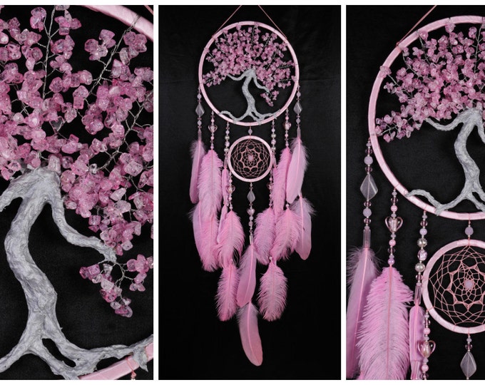 Pink Dream Catcher Tree of life Dreamcatcher quartz Dream сatcher pink quartz wall handmade pink gift Valentine's Day gift pink heart woman