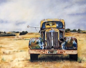 Rusty Truck. Original Print. Vintage Truck. Colored Pencil Truck. Vintage Auto. Old Truck. Gifts for Him. Antique Truck. Car Art.