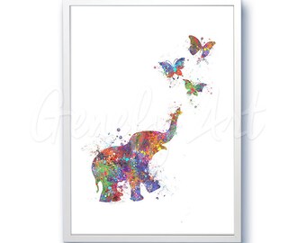 Baby Elephant chasing Butterflies Watercolor Art Print - Elephant Watercolor Art Painting - Kids Nursery Decor - House Warming Gift