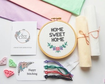 Home Sweet Home Cross Stitch Kit - Floral Cross Stitch - Modern Cross Stitch -New Home Gift - Embroidery Kit - Beginners Cross Stitch - UK