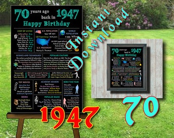 1947 - 70th Adult Birthday Chalkboard, 70th Birthday Poster, 70th Birthday Centerpiece, Instant Download, Printable Digital files (#211.d2)