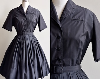 1950s Dress / Classic Black Shirtwaist Dress / Vintage 50s Black Rockabily Cotton Circle Skirt Dress / Medium Large