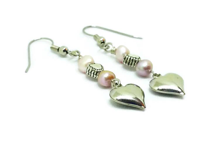 Freshwater Pearl Heart Earrings, Heart Charm Earrings, Pearl Dangle Earrings, Valentine's Day Gift, Mother's Day Gift, Unique Birthday Gift