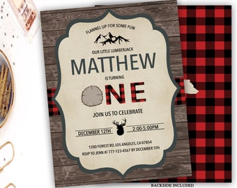 lumberjack first birthday invitation, lumberjack birthday invitation, buffalo plaid birthday invitation, lumberjack bear party invitation