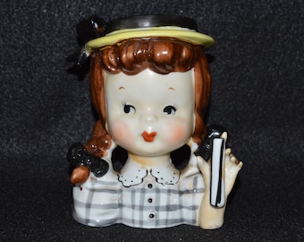 Napco Head Vase, Girl in Gingham with Pigtails, Napco Planter, Napco Girl with Pigtails Planter, Hand Painted Napco Vase, Missing Parosol