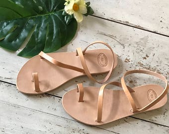 Natural Elegant Leather Greek Sandals, Women's Leather Sandals, Vegetable Dyed Leather Sandals, Tan Women's Flats, Women's Sandals