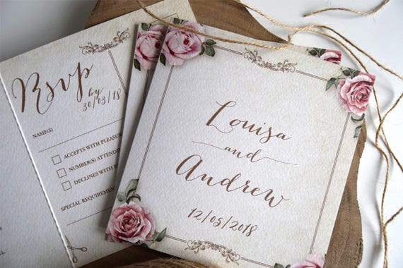 Vintage Floral Framed Landscape Wedding Invitation Sample (Ivory)