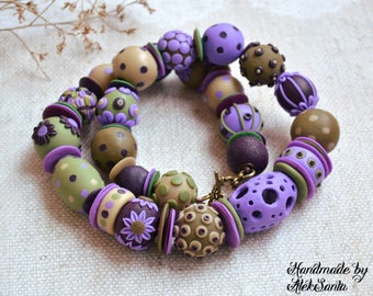 Lilac necklace Beaded necklace Floral jewelry Polka dot necklace Unique jewelry Unusual necklace Polymer clay jewelry for women Gift for her