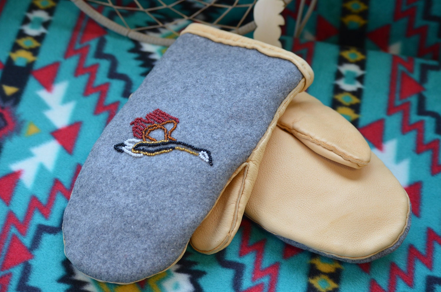 Leather Beaded Mitts Deer Hide Native American warm fleece