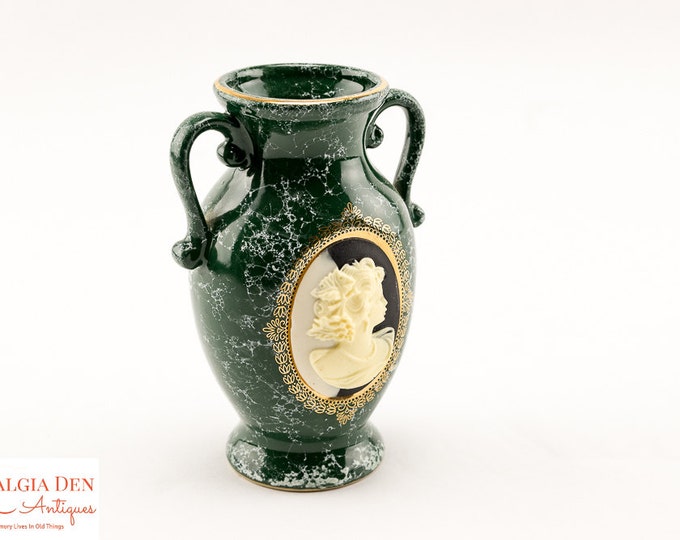 Vintage Ceramic Cameo Vase | Mt Clemens Pottery | Green Marbled Vase